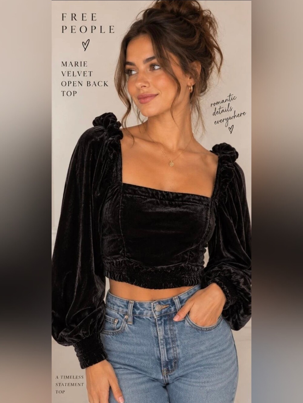 Free People Marie Velvet Open Back Puff Sleeve Top Black S